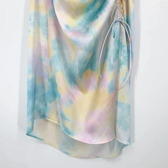 ZARA Satin Tie Dye Camisole Rainbow Side Cinch Strappy Midi Halter Cami Dress - Picture 10 of 15